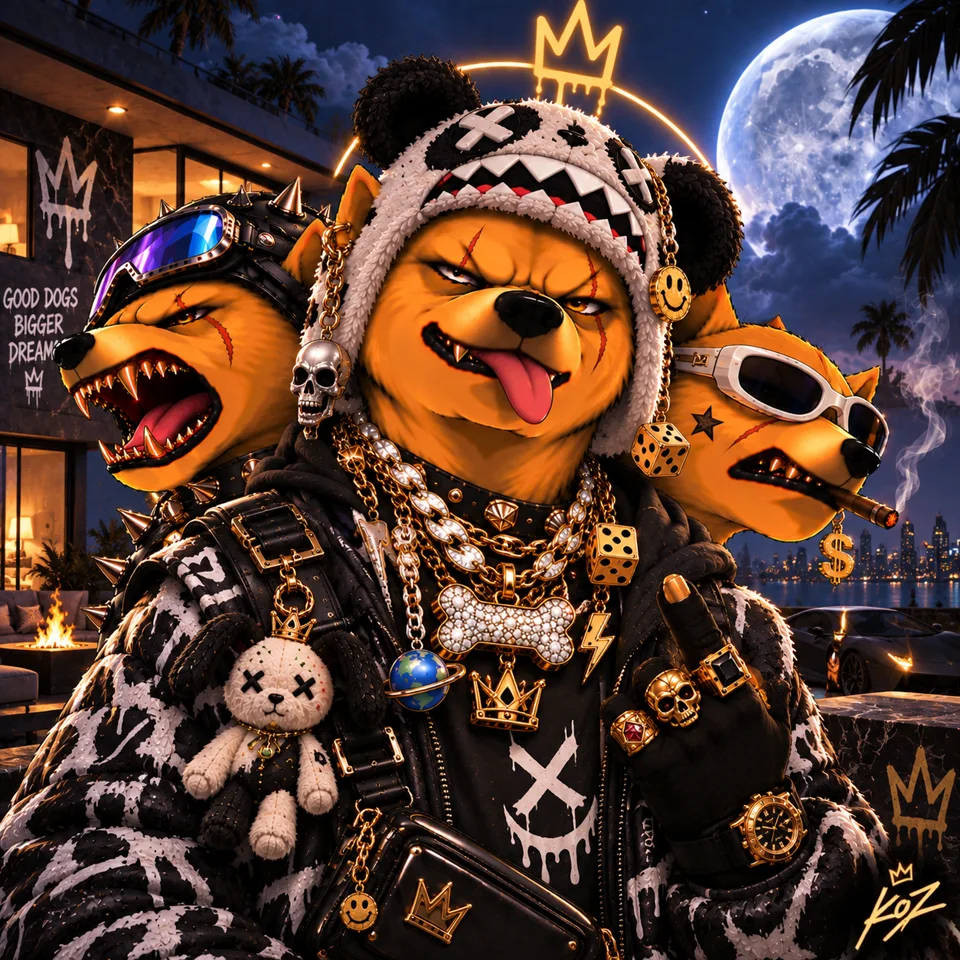 DOWGE three-headed mascot NFT artwork variation 8